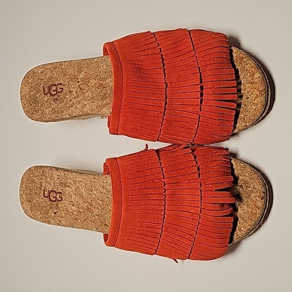UGG Kendra Wedge Sandals Slides Espadrilles  Suede Leather Fringe Cork Orange 7 - Picture 3 of 16